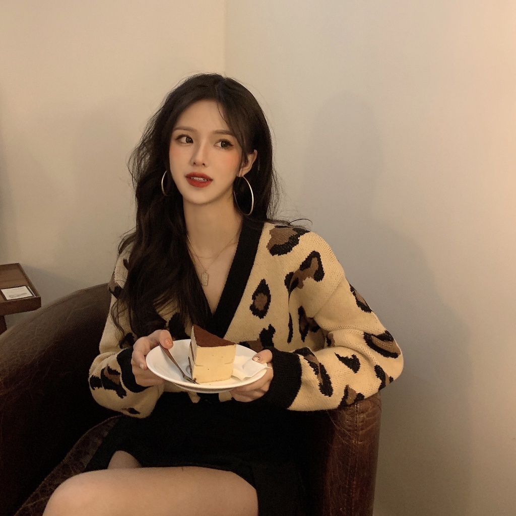 Áo Khoác Cardigan Dệt Kim Tay Dài Cổ Chữ V Họa Tiết Da Báo Thời Trang Thu Đông Cho Nữ
