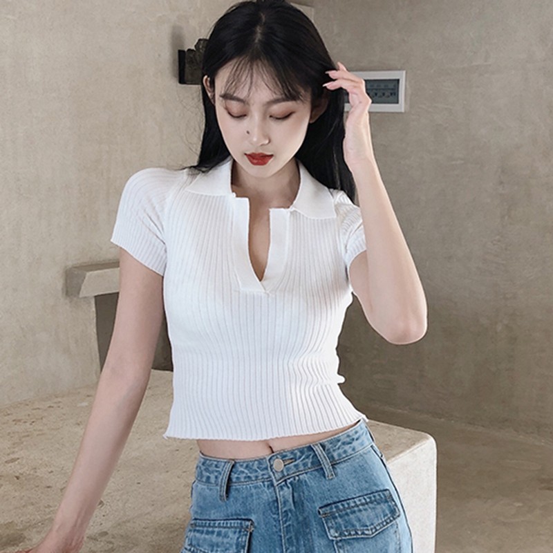Áo Croptop Dệt Kim Tay Ngắn Thiết Kế Cổ Bẻ Thanh Lịch | BigBuy360 - bigbuy360.vn