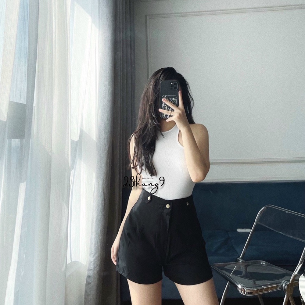 Quần short nữ ống rộng lưng cao cúc đồng quần đùi nữ cạp cao chất thô mềm màu đen màu be đi chơi đi du lịch 23thang9