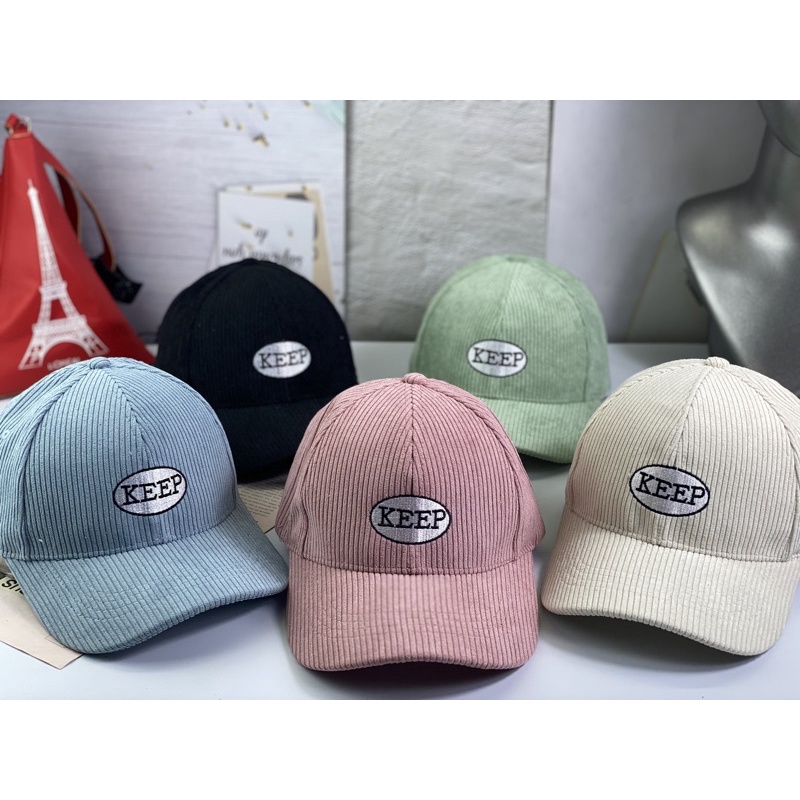 Mũ lưỡi trai - nón kết ❤️ nhung gân tăm thêu mạc tròn chữ KEEP unisex thời trang hàn quốc