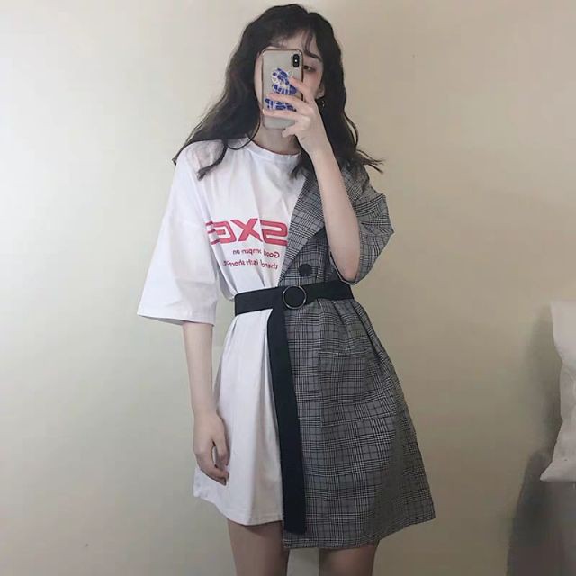 [ORDER+ẢNH THẬT] Đầm thun phối vest kẻ oversize cách điệu Ulzzang siêu độc siêu xinh 😍