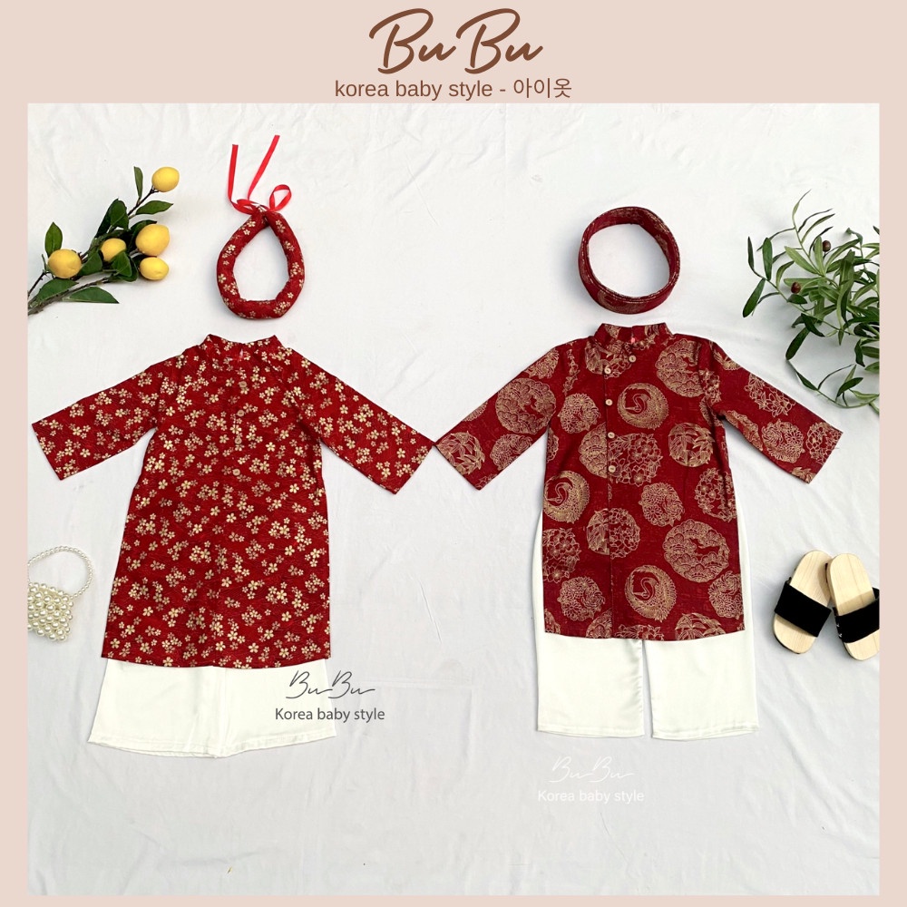 Áo Dài Cách Tân BuBu Họa Tiết Chất Linen Mềm Mại Cho Bé Trai Bé Gái (Kèm quần lụa và mấn)