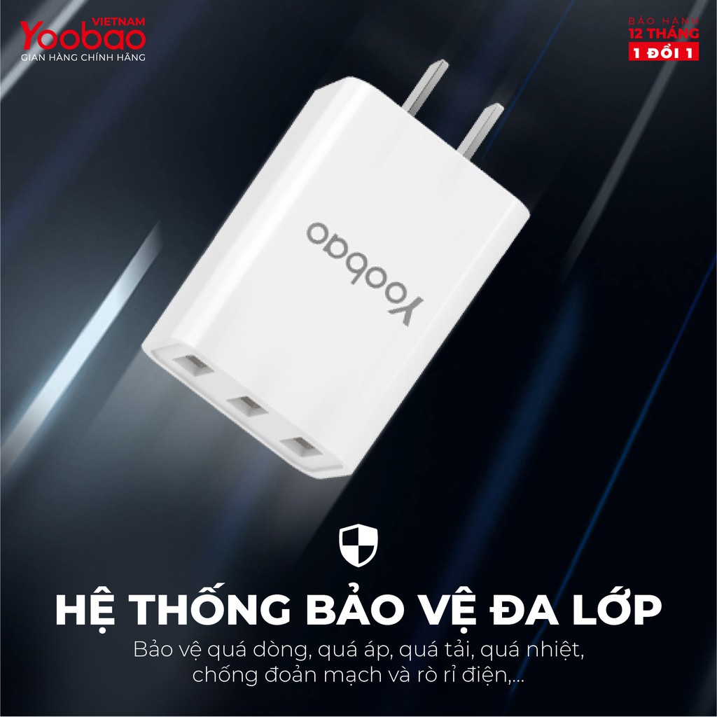 Củ sạc 3 cổng USB Yoobao Y-723 Sạc nhanh dòng 3.4A Chân dẹt kiểu EU - Hãng chính thức - Bảo hành 12 tháng 1 đổi 1