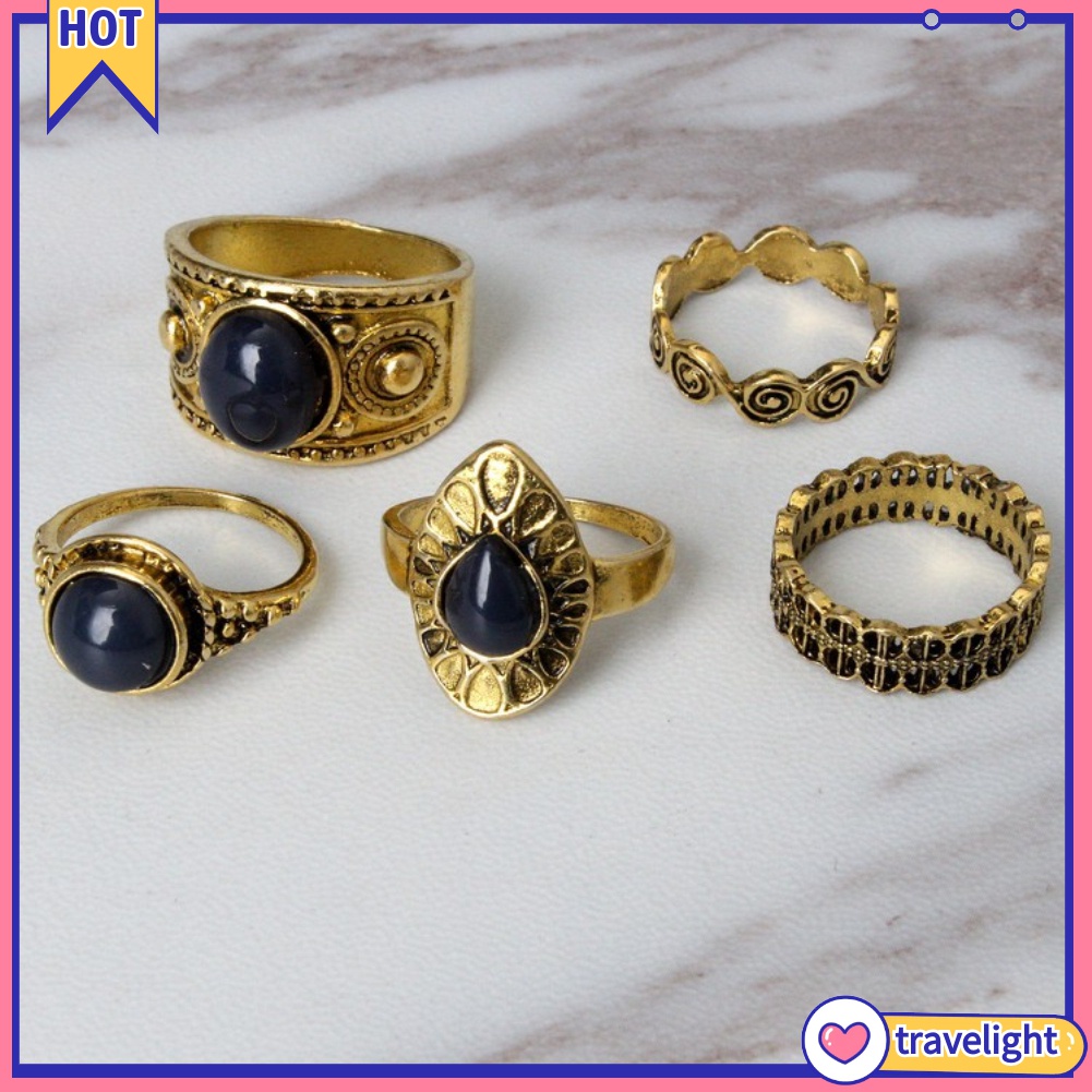 Set 5 Nhẫn Đính Đá Xanh Phong Cách Bohemian Cổ Điển Cho Nữ