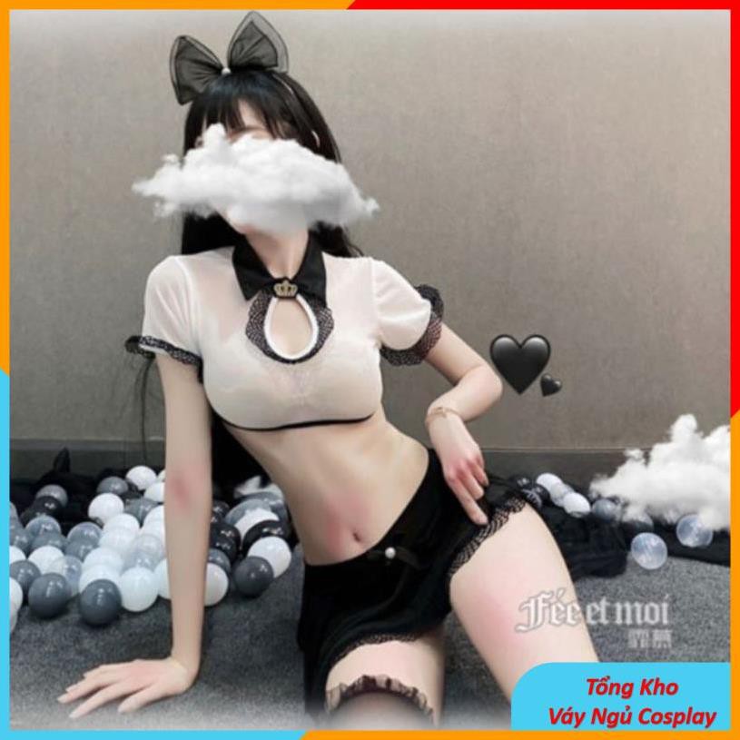 Bộ đồ ngủ cosplay sexy nữ sinh,thủy thủ gợi cảm - gồm áo croptop và đầm ngủ dáng xòe - Mã NS002 (không tất)