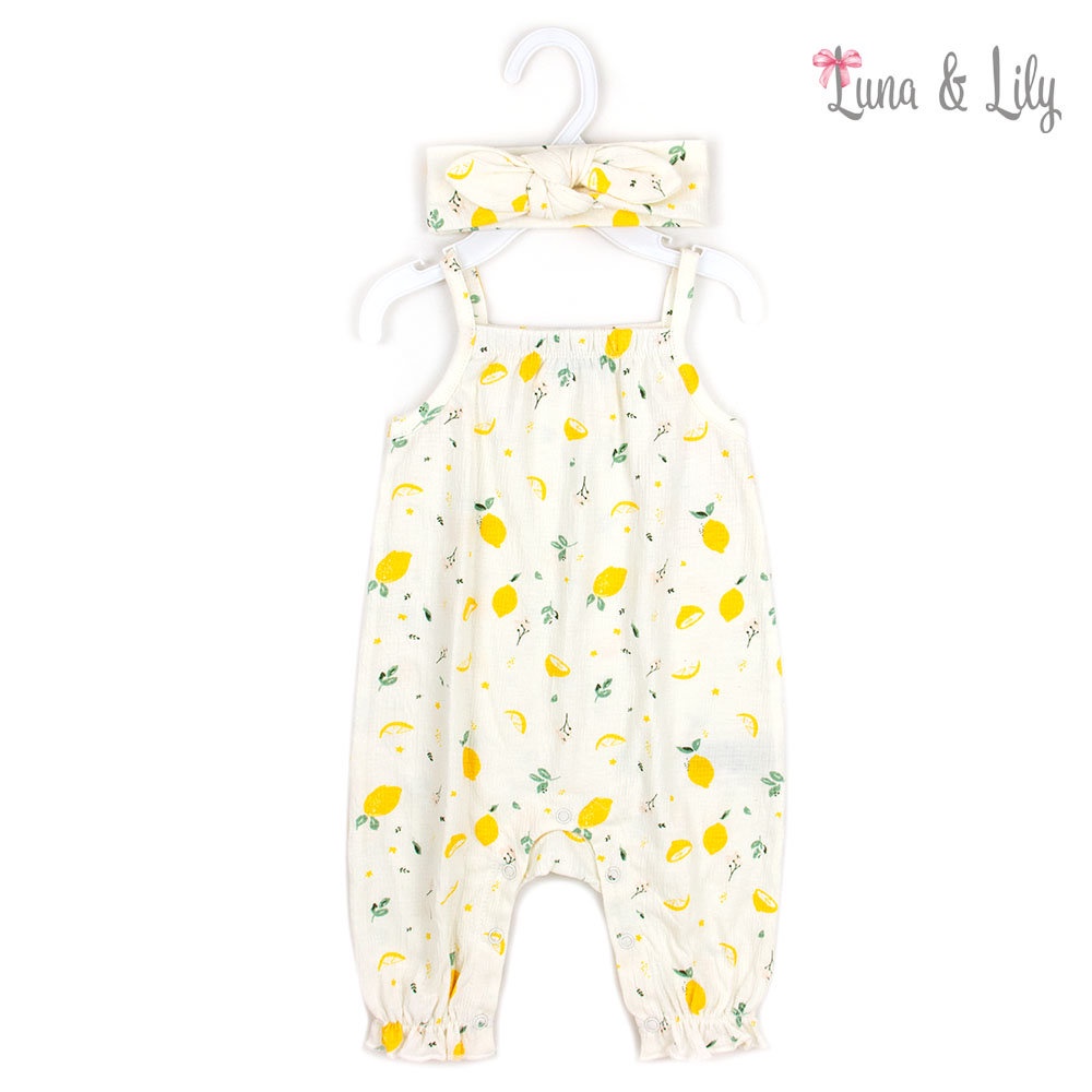 Bộ liền thân cho bé gái Romper body đùi áo hai dây màu trắng họa tiết chanh vàng kèm băng đô Mother’s Choice IT3704