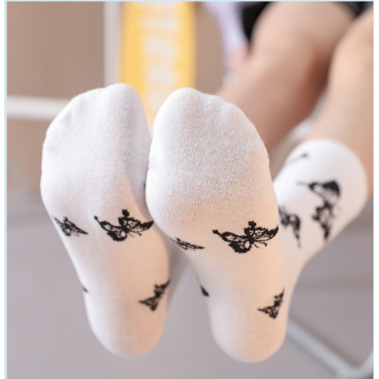 Tất cổ cao nữ, vớ cổ cao Unisex màu trắng đen vải cotton co giãn hình bướm Butterfly TC58 - VHT SHOP