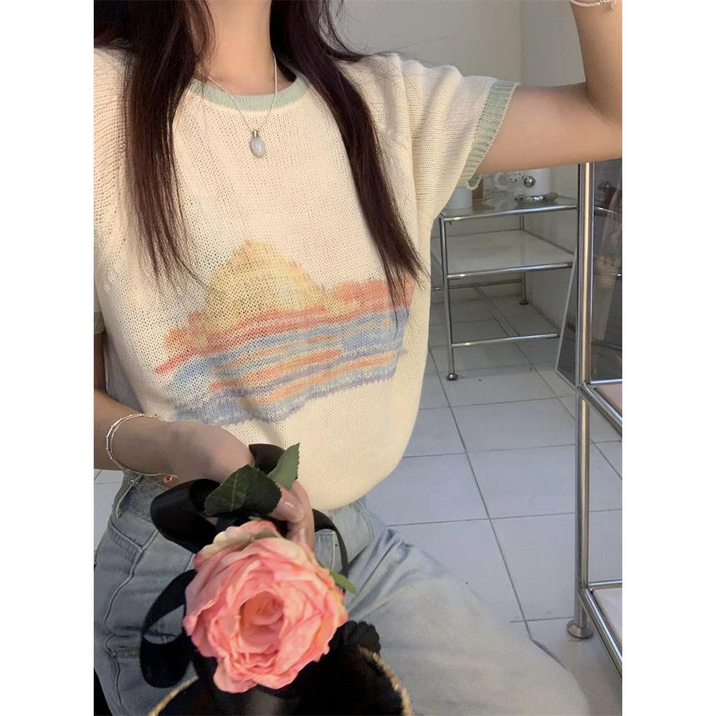 Áo Thun Dệt Kim Ngắn Tay In Họa Tiết Màu Sắc Hợp Thời Trang Hè 51937