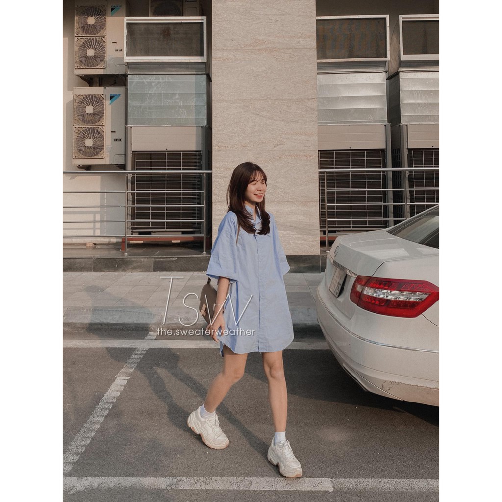 Váy sơ mi thô tay gập form rộng oversize shirt dress (Ảnh thật)