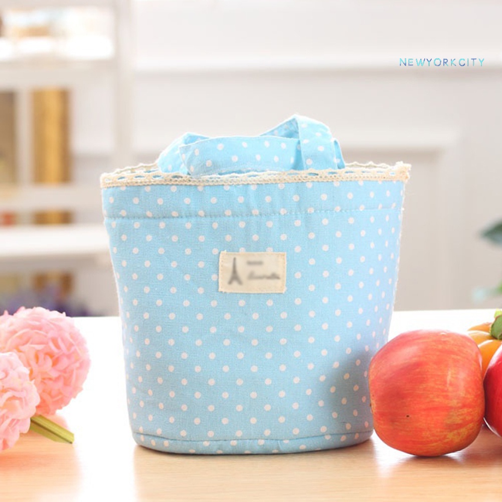 Túi Đựng Cơm Trưa Cách Nhiệt Bằng Vải Cotton Lanh Họa Tiết Chấm Bi Có Dây Rút