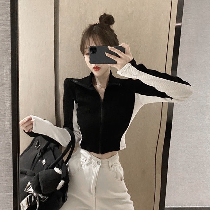 COZOK Áo khoác len cardigan cổ cao ôm dáng phối khóa kéo đa năng