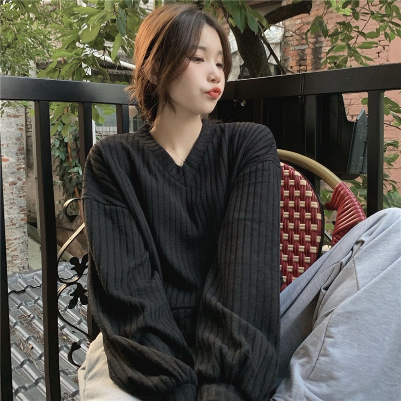 Áo Dệt Kim Tay Dài Dáng Rộng Cổ Chữ V Thời Trang Hàn Quốc Cho Nữ