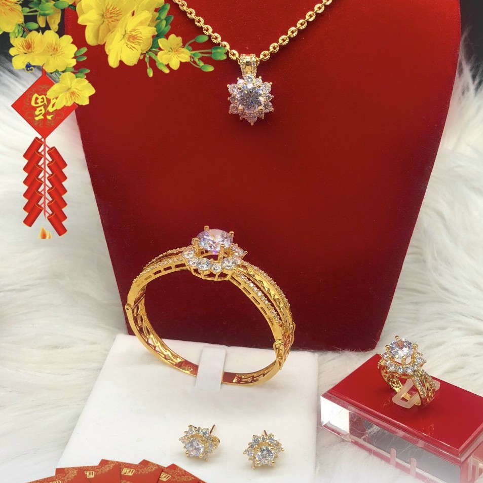 Bộ Trang Sức 5 Món Hoa Nhí Đá Trắng - Đủ Size, Chuẩn Màu Vàng, Hàng Y Hình
