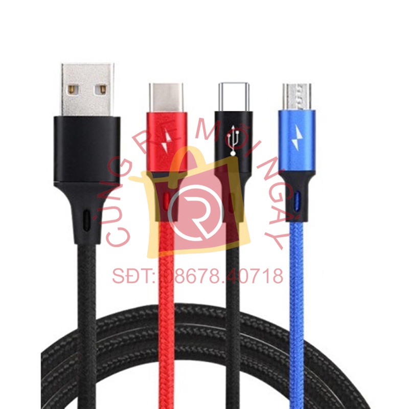 Cáp dữ liệu 3 đầu sạc nhanh 3A , 3 trong 1 cho iPhone, Android, Type-C dài 1,2 mét