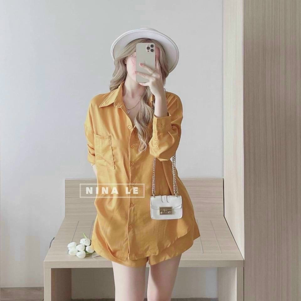 Sét bộ đồ nữ tuyết nhưng áo sơ mi tay dài kèm quần đùi trẻ trung sang trọng thanh lịch siêu xinh