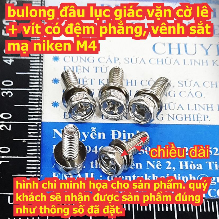 bulong bu lông đầu lục giác vặn cờ lê + vít có đệm phẳng, vênh sắt mạ niken M4 ~ M8 ( gói ) kde8133