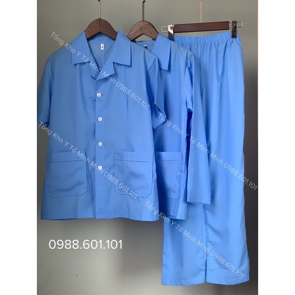 Bộ đồ công nghệ, tạp vụ, hộ lí cài khuy xanh biển nhạt có cổ