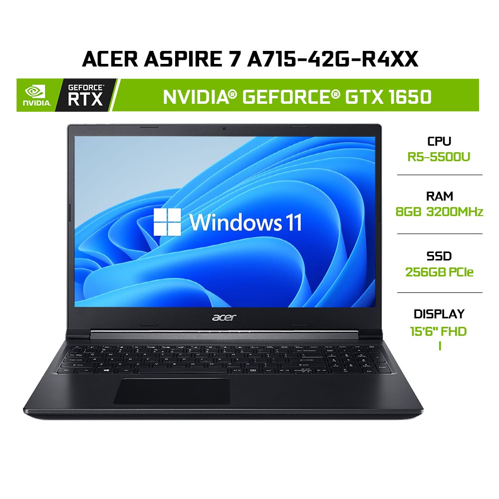 [ELBAU7 giảm 7%] Laptop Acer Aspire 7 A715-42G-R4XX R5-5500U|8GB|256GB|15.6' |W11