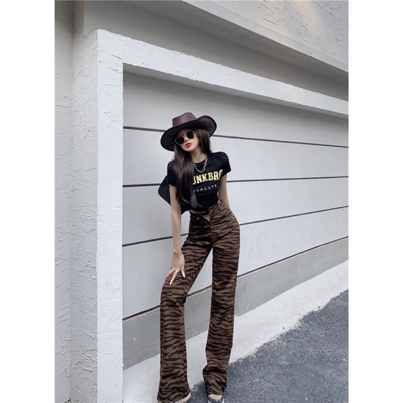 ULZZANG Set áo croptop buộc eo + quần ống loe hoạ tiết vằn ngưa FASHIONITA 2021 hot Tiktok | BigBuy360 - bigbuy360.vn