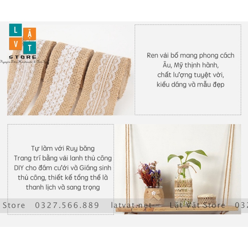 Ruy băng vải bố có ren trắng DIY trang trí, handmade, tiệc cưới, Giáng sinh làm từ sợi đay, ribbon Decor.