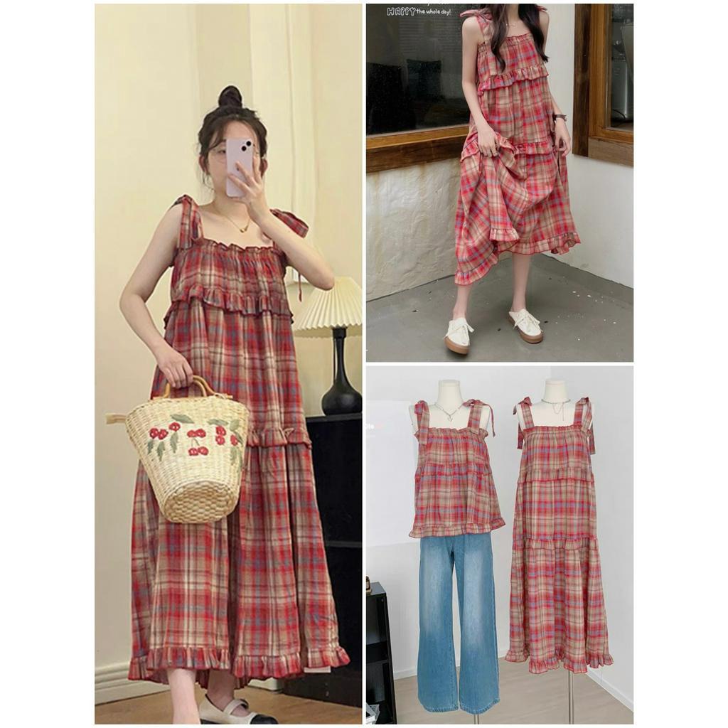: Váy kẻ 2 dây buộc nơ vai dáng babydoll rộng 3 tầng bèo siêu xinhhh