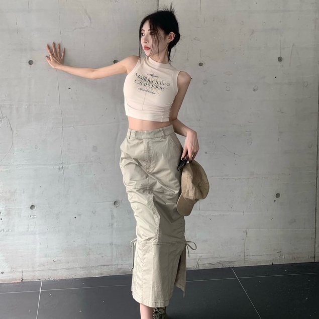 QKOOLE Chân váy  dáng chữ A lưng cao xẻ tà phong cách Hàn Quốc thời trang cho nữ