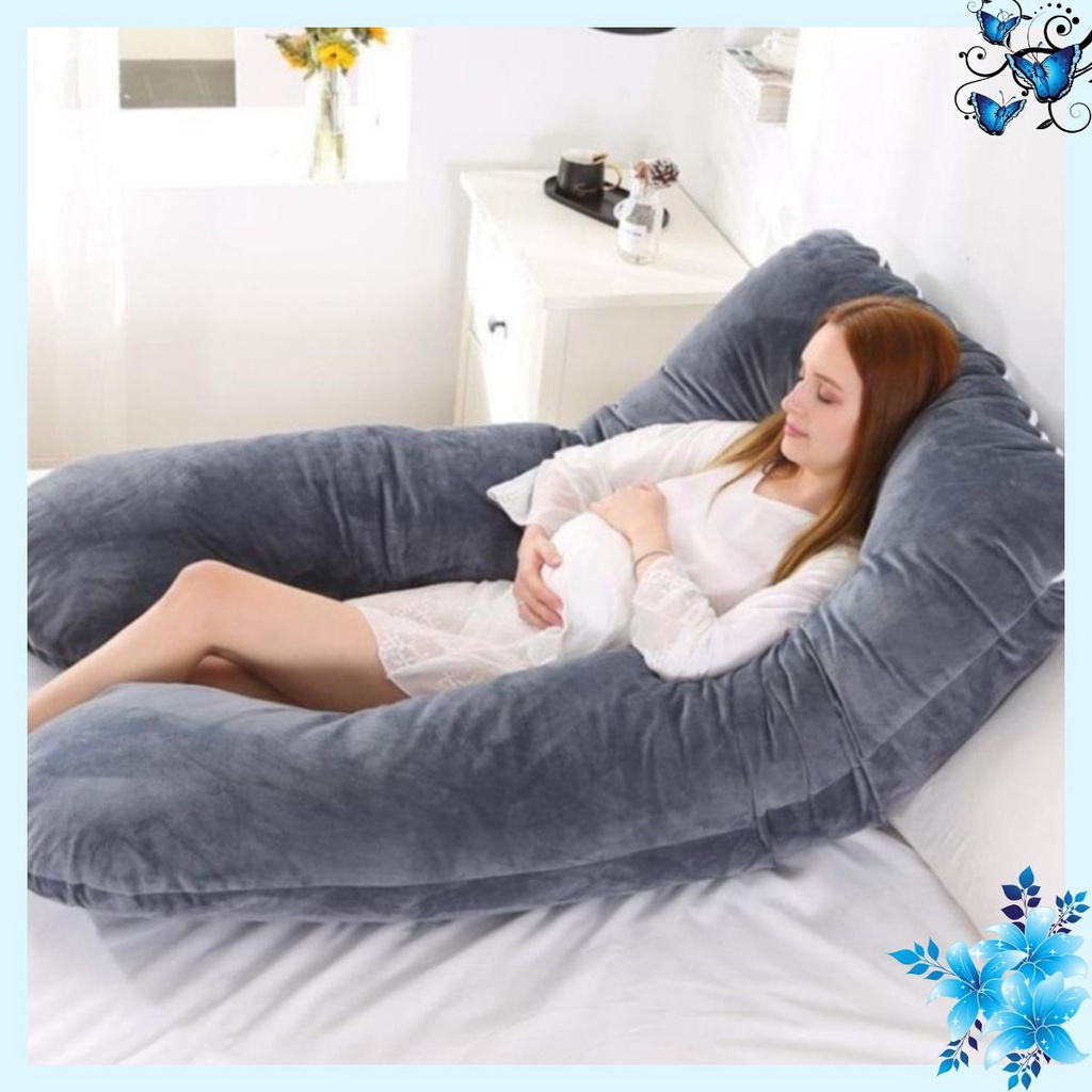 Gối ôm bà bầu chữ U vải nhung cao cấp - gối ôm hút chân không