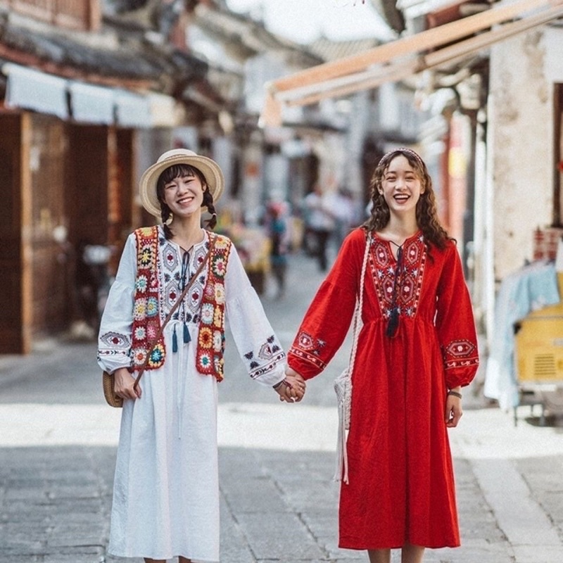Váy Boho nữ hoạ tiết thêu dân tộc cổ điển hàng Quảng Châu