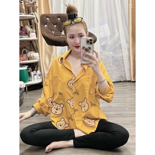 Set áo sơmi tay dài in gấu + quần legging dài