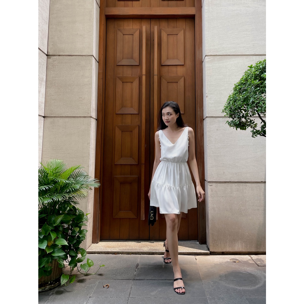 Đầm trắng CHARLENE 2-WAY DRESS mặc 2 kiểu tay có thể tháo rời, Đầm trắng tiểu thư sang trọng