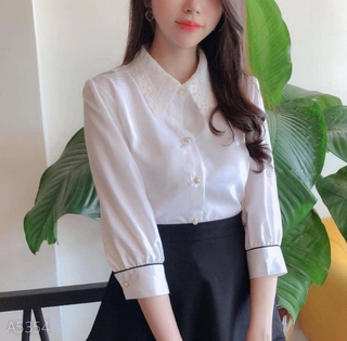 ÁO SƠ MI LỤA SATIN TRẮNG CỔ REN AM97