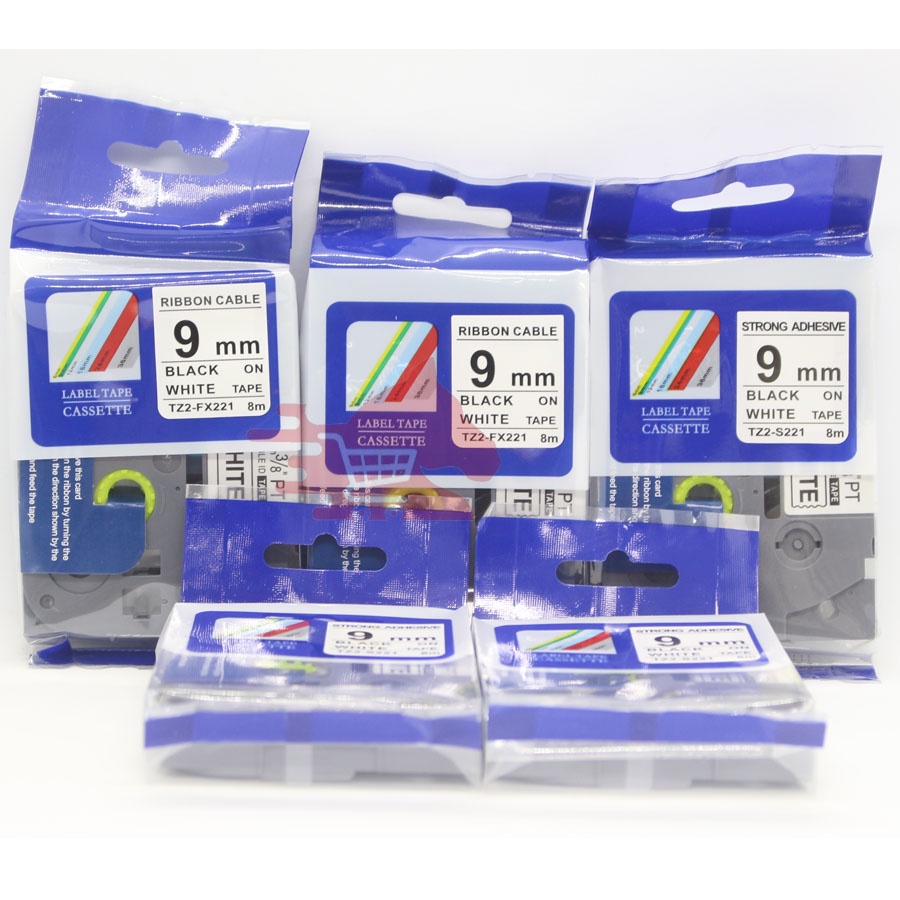 Nhãn in Tz2-221, khổ rộng 9mm* dài 8m, chữ đen nền trắng, chống thấm nước, chống trầy xước, Phu Hoang