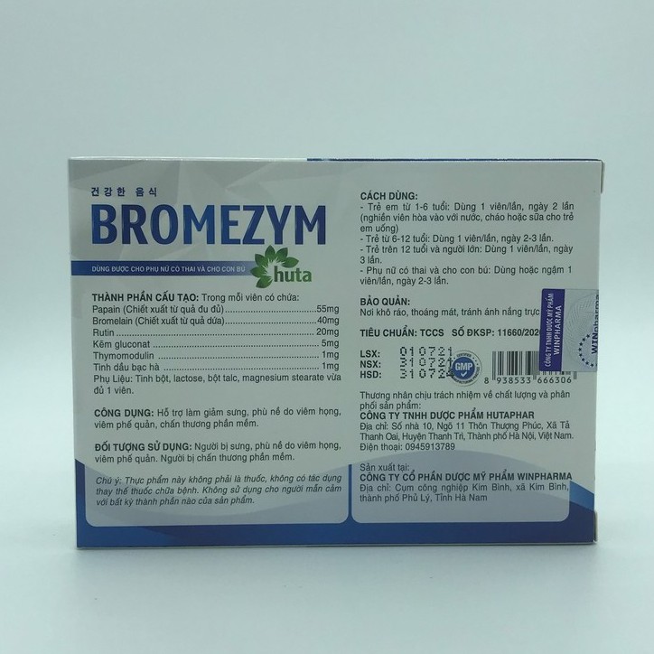 Viên ngậm BROMEZYM HUTA, giảm sưng, đau do viêm họng, viêm phế quản hộp 24 viên