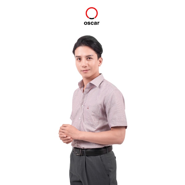 Áo sơ mi nam ngắn tay, vạt bầu, họa tiết caro Oscar Pierre Cardin - OCMSCS 047