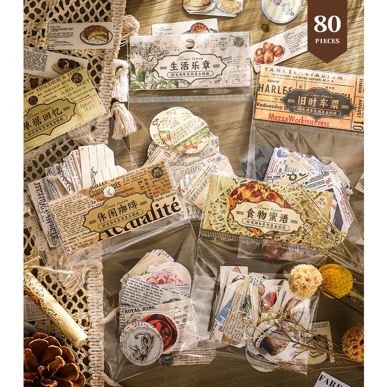 Set 80 Miếng Dán Trang Trí Sổ Tay/Nhật Ký Hình Vé Nốt Nhạc Vintage DIY