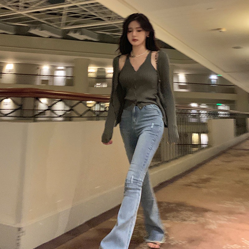 Áo Len Tay Dài Giả Hai Lớp Cổ Chữ v Thời Trang Hàn Quốc Cho Nữ