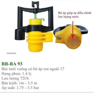 Béc tưới vuông có bù áp BA93 ren ngoài 17, 72L/H, Bán kính 0-3,5m