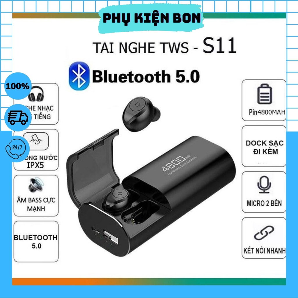 Tai nghe bluetooth không dây kiêm sạc dự phòng 4800 mAh S11 bản mới nhất 2020 chông nước nghe siêu hay