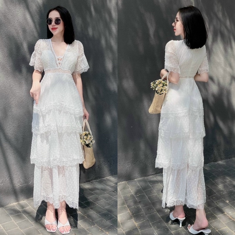 Maxi voan bi xanh biển/trắng hở xẻ ngực, đầm váy dài tiểu thư xoè tầng ren sang trọng, thời trang đi chơi biển du lịch