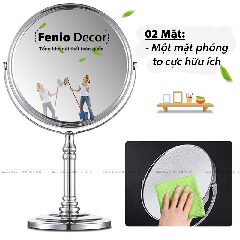 Gương trang điểm để bàn lật xoay 2 mặt [PHÓNG TO] viền inox sáng bóng cực sang trọng