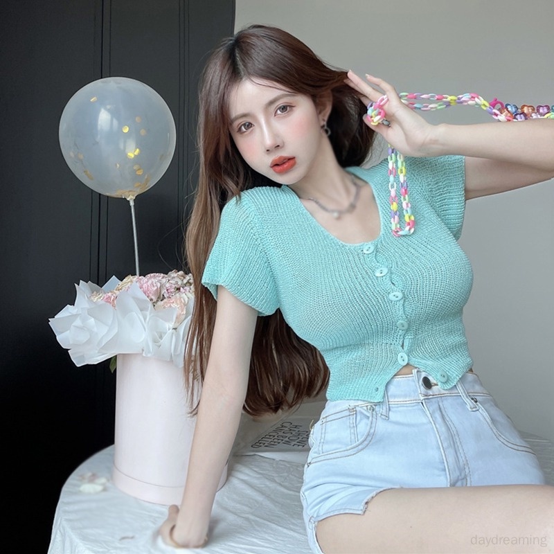 Áo Cardigan Ngắn Dáng Ôm Màu Sắc Trơn Cài Nút Phong Cách Hàn Quốc Thời Trang Cho Nữ