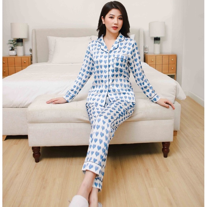 Bộ ngủ satin ZAM Luxury - DTA53 - áo dài tay quần dài hoạ tiết