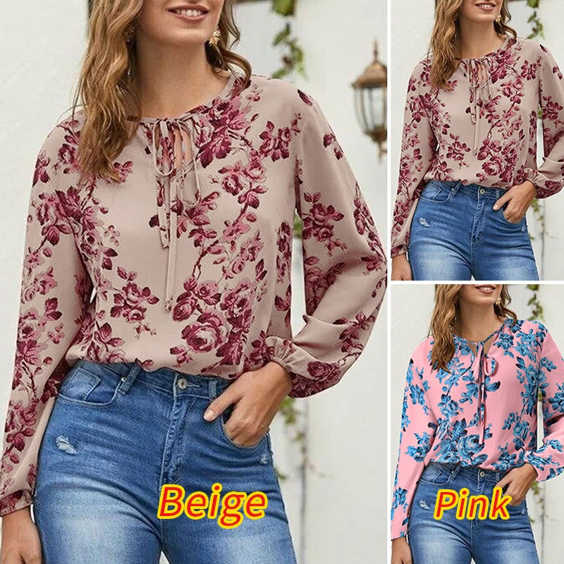 Áo ZANZEA tay dài thắt dây cổ tròn in họa tiết thời trang đơn giản cho nữ