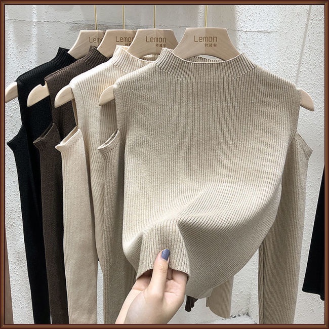 Áo Sweater Dệt Kim Tay Dài Hở Vai Màu Sắc Thanh Lịch Cho Nữ