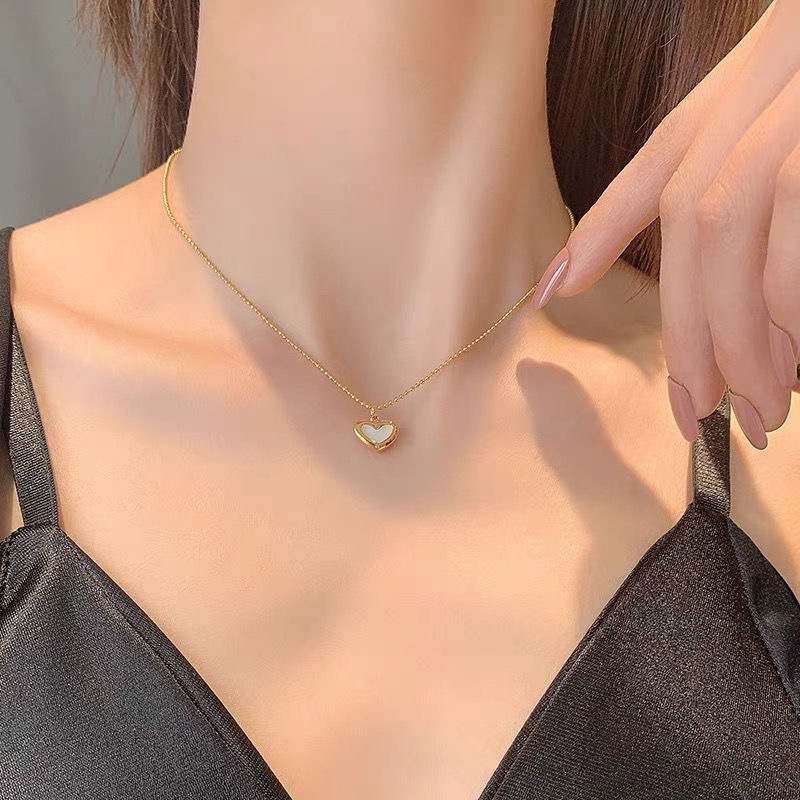 Dây chuyền titan basic mặt trái tim khảm sà cừ, mạ vàng 14k  [  KHÔNG ĐEN GỈ ]   Her Accessories CT7