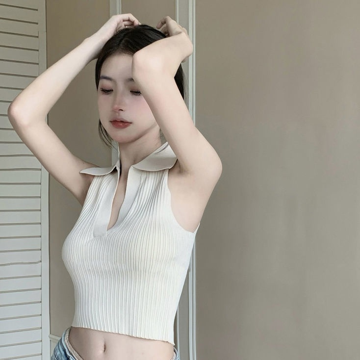 Áo Dệt Kim Sát Nách Cổ Polo Form Ôm Phong Cách Quyến Rũ