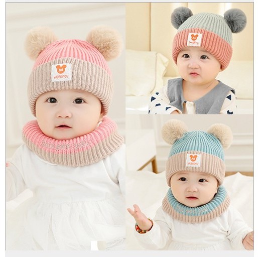 Sét mũ len 2 quả bông kèm khăn len ống quàng cổ cho bé trai bé gái