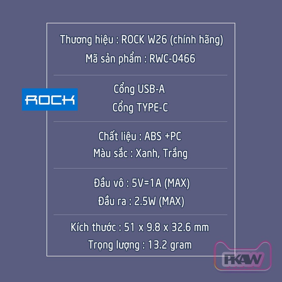Đế Sạc ko dây Rock W26 cho táo Watch 6/5/4/3/2/1-cổng Type-C-Trắng,Xanh.