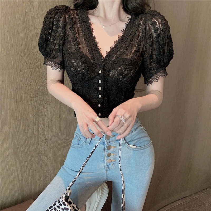 Áo Kiểu Tay Ngắn Cổ Chữ V Phối Ren Hoa Thiết Kế Hợp Thời Trang
