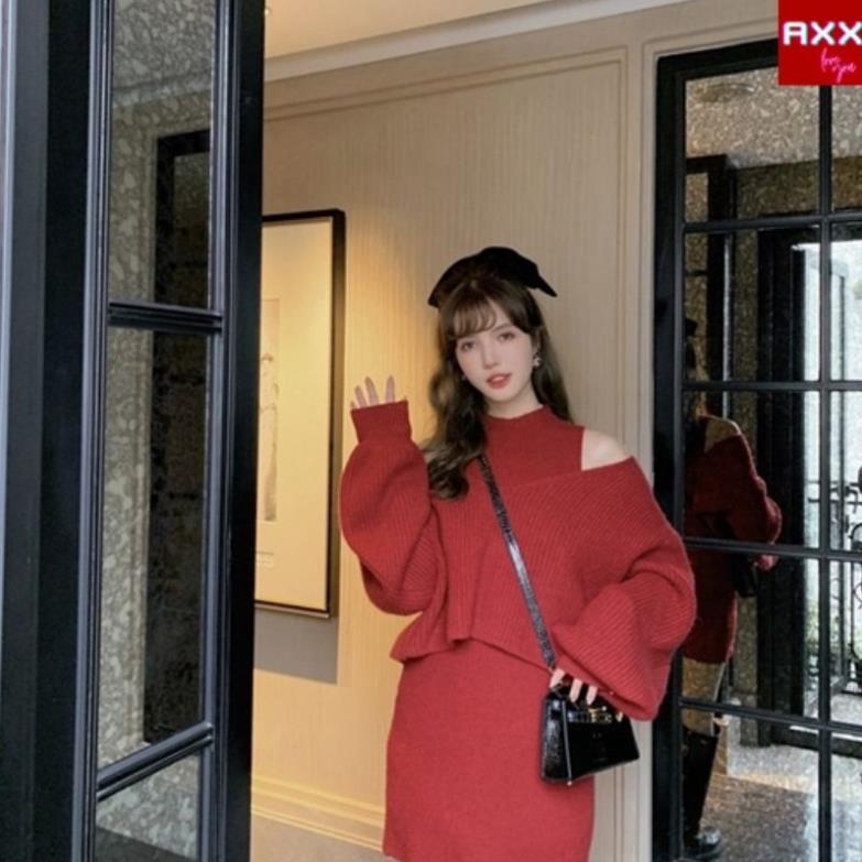 Váy Len Đỏ NaDO,  Đầm Len Cổ Lọ Ôm  Cao Cổ Mặc Tết Noel Mùa Thu Đông Kèm Áo Khoác Len Nữ Mềm Màu Đỏ Dài Tay | BigBuy360 - bigbuy360.vn